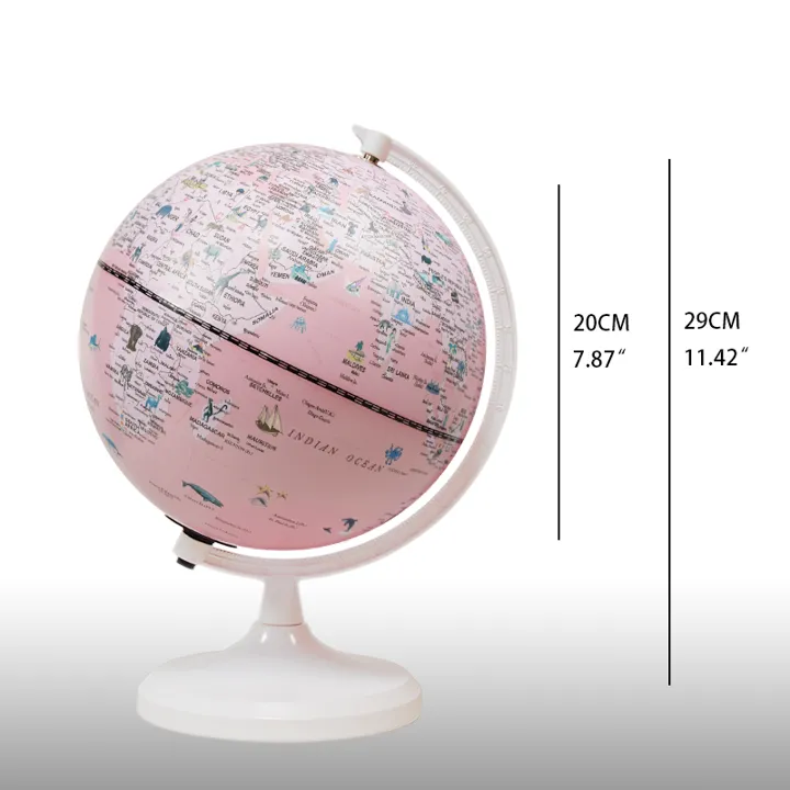20cm (8") Pink Cartoon World Globe with White Painted Metal Base & Numbered Meridian detail view 1